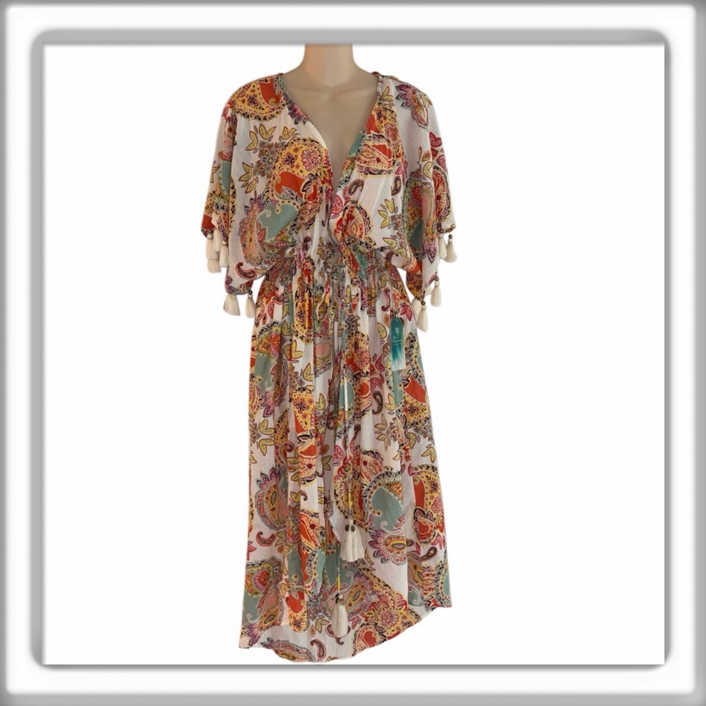 NWT True Destinations Paisley Tassels Cover Up Kimono Sleeve Hi-Low Size Large